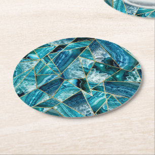 Dessous De Verre Rond Triangle géométrique d'or de noir d'agate de ble