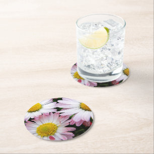 Dessous De Verre Rond Trois marguerites rose et blanc