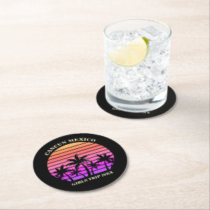 Dessous De Verre Rond Tropical Island Beach Palm Tree Pink Black Party