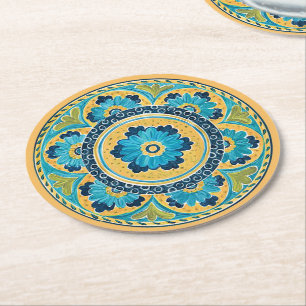 Dessous De Verre Rond Tuile mexicaine florale bleue