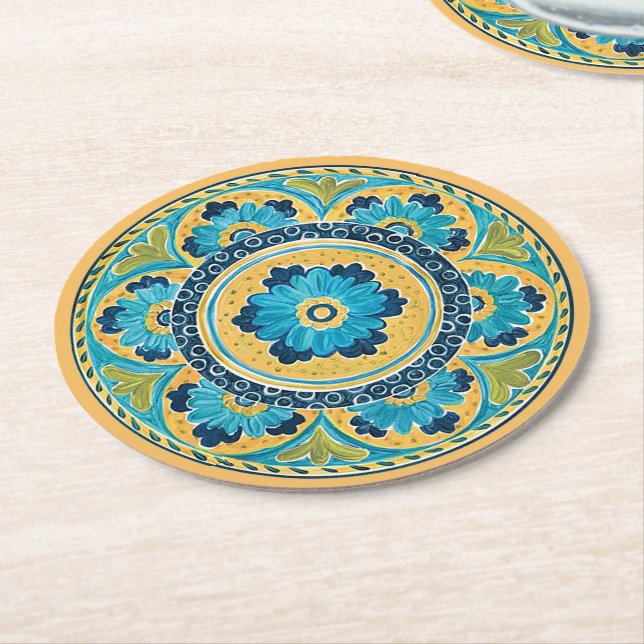 Dessous De Verre Rond Tuile mexicaine florale bleue (Incliné)