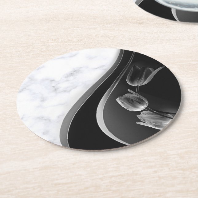 Dessous De Verre Rond Tulipes Abstraites Marbres blancs (Incliné)
