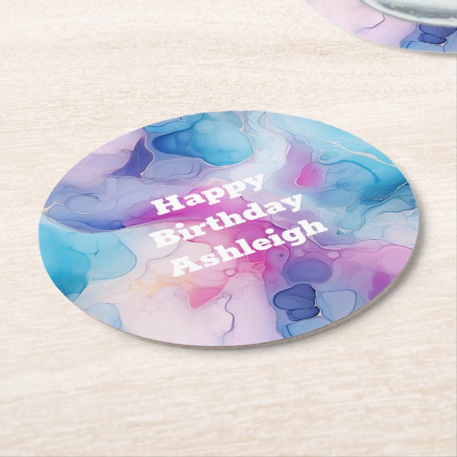 Dessous De Verre Rond Turquoise Aqua Marbre rose violet Anniversaire (Incliné)