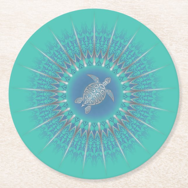 Dessous De Verre Rond Turquoise argentée Turquoise Mandala (Devant)