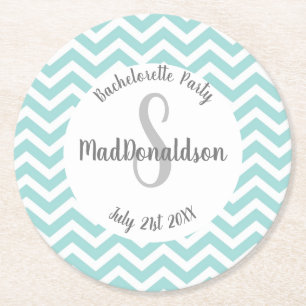 Dessous De Verre Rond turquoise et blanc chevron monogramme fête