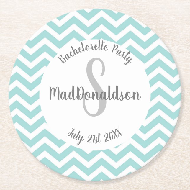 Dessous De Verre Rond turquoise et blanc chevron monogramme fête (Devant)