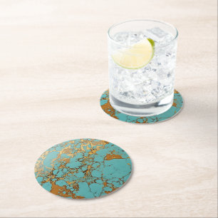 Dessous De Verre Rond Turquoise Gold Gem Motif