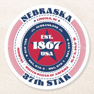 Dessous De Verre Rond Typographie du Nebraska Rouge Blanc Bleu