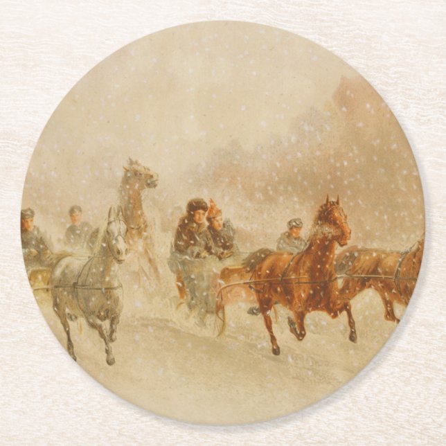 Dessous De Verre Rond Un cheval Open Sleigh Race Noël (Devant)