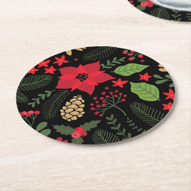 Dessous De Verre Rond Vacances de Noël de poinsettia (Incliné)