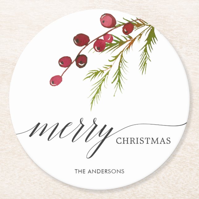 Dessous De Verre Rond Vacances rouges de baies de verdure (Devant)