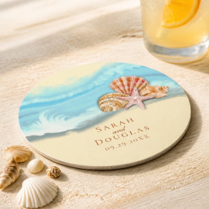 Dessous De Verre Rond Vague romantique bleu océan & coquillages de maria