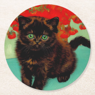 Dessous De Verre Rond Van Gogh Chat noir Fleurs rouges