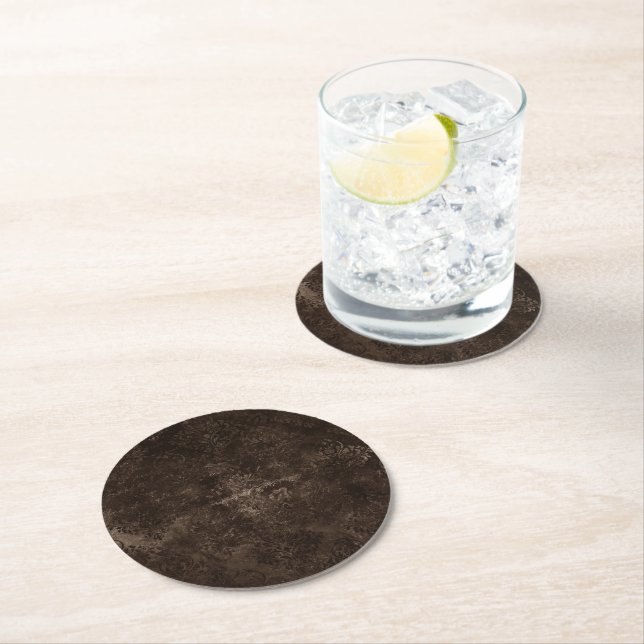 Dessous De Verre Rond Velours Bronze Damask | Brun Baroque Grunge (En situation)