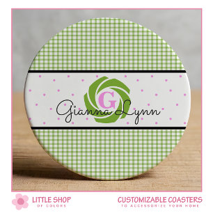 Dessous De Verre Rond Vert Gingham Monogramme