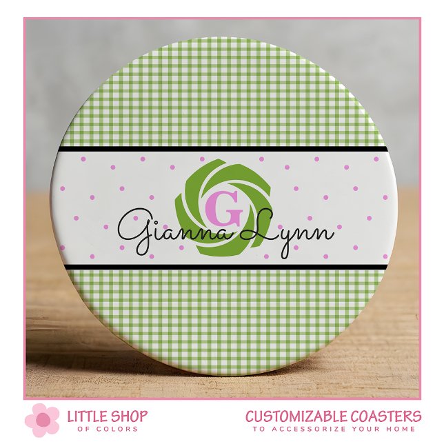 Dessous De Verre Rond Vert Gingham Monogramme (Créateur téléchargé)