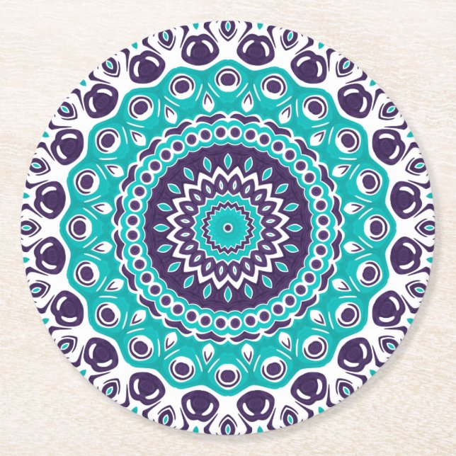 Dessous De Verre Rond Vibrant Aqua and Plum Mandala Pattern (Devant)