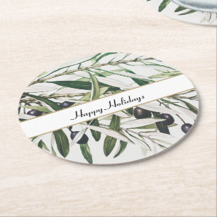 Dessous De Verre Rond Vintage Olive Branch Joyeuses Fêtes