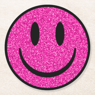 Dessous De Verre Rond Visage de sourire rose Parties scintillant