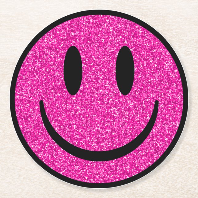 Dessous De Verre Rond Visage de sourire rose Parties scintillant (Devant)