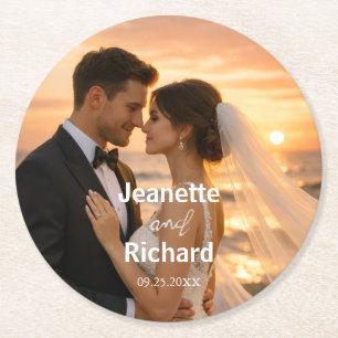 Dessous De Verre Rond Vœux de mariage romantiques sur une plage au couch