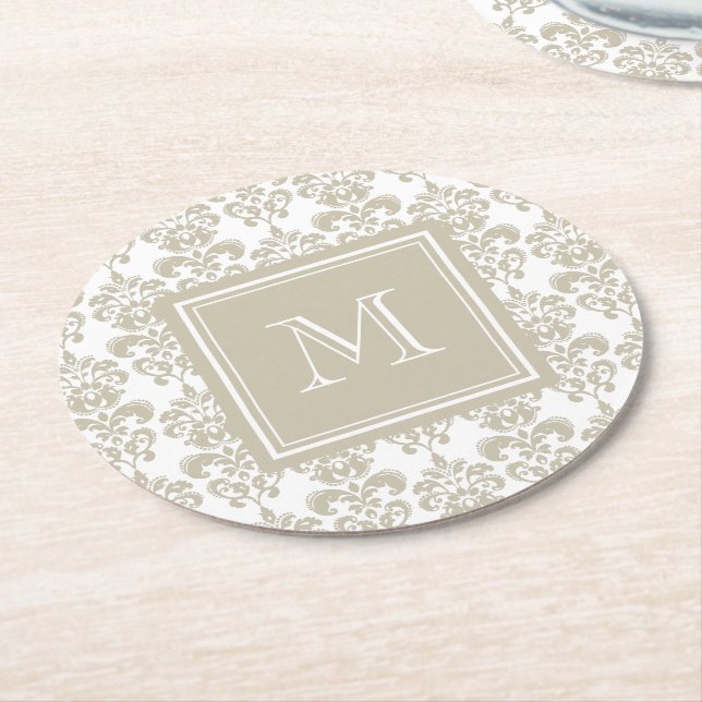 Dessous De Verre Rond Votre Monogramme, Damas Beige Modèle 2 (Incliné)