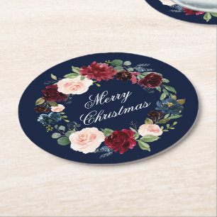 Dessous De Verre Rond Watercolor Floral Wreath Élégant Joyeux Noël