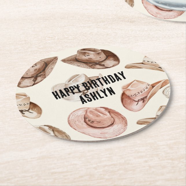 Dessous De Verre Rond Western Cowgirl rose Casquettes Brown Anniversaire (Incliné)