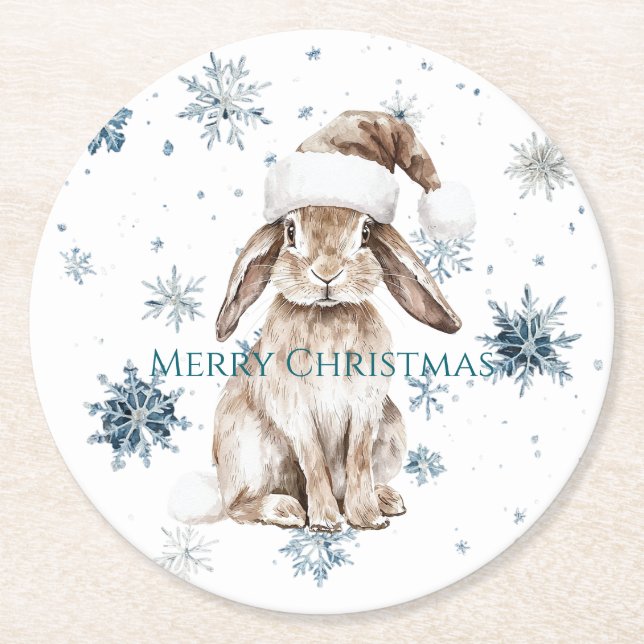 Dessous De Verre Rond White Blue Snowflakes Christmas Bunny (Devant)