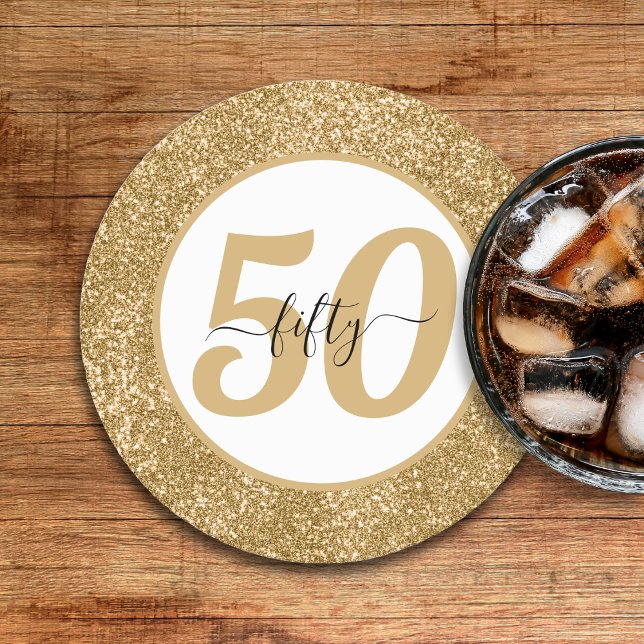 Dessous De Verre Rond White & Gold Parties scintillant 50 Cinquante ans  (White & Gold Glitter 50 Fifty Years 50th Birthday Round Paper Coaster
)
