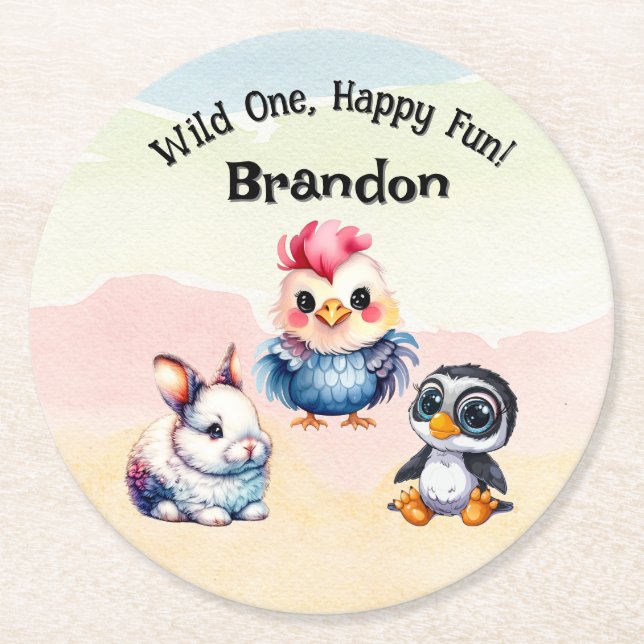 Dessous De Verre Rond Wild One Happy Fun Woodland Animaux Aquarelle (Devant)