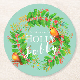 Dessous De Verre Rond Wreath Holly Jolly Famille Lumière Turquoise