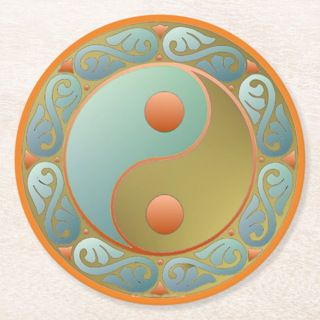 Dessous De Verre Rond Yin Yang médaillon d'or Turquoise (Devant)