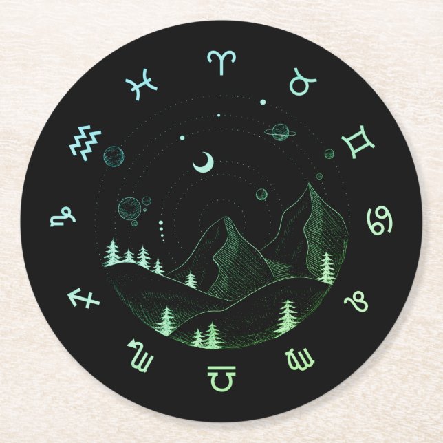 Dessous De Verre Rond Zodiac Wheel Mountain Landscape (Devant)