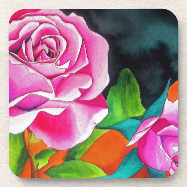 Dessous-de-verre Rose rose avec art aquarelle orange (Devant)