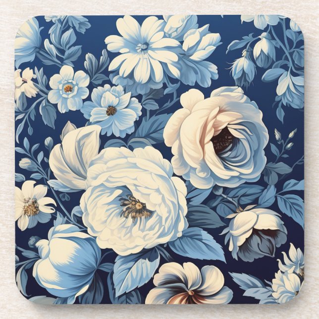 Dessous-de-verre Roses blanches sur Indigo Arrière - plan bleu (Devant)