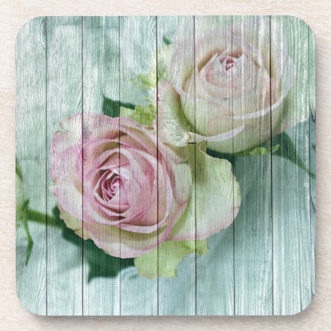 Dessous-de-verre Roses Chic Rose Shabby Sur Bois Bleu (Devant)