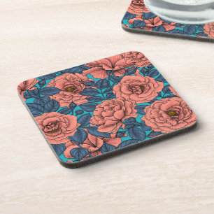 Dessous-de-verre Roses roses avec feuilles bleus sur bleu