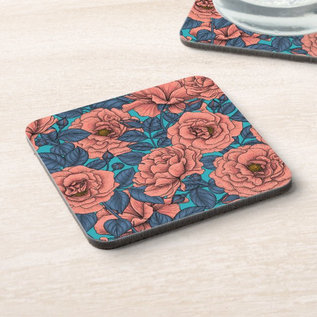 Dessous-de-verre Roses roses avec feuilles bleus sur bleu (Côté gauche)