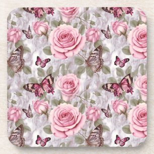 Dessous-de-verre Roses roses roses et papillons Aquarelle Florale