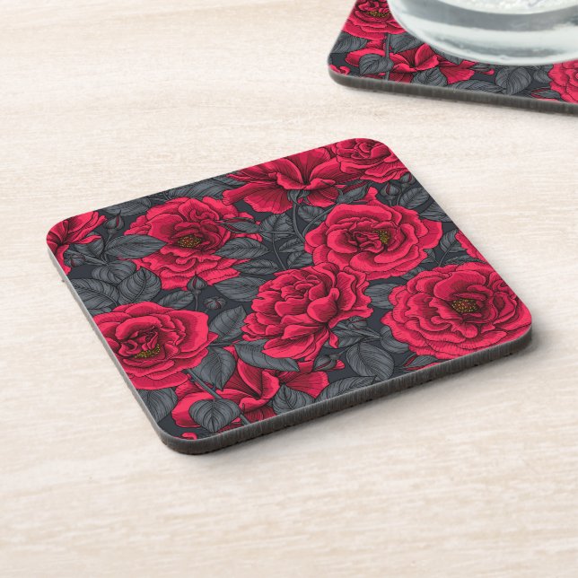 Dessous-de-verre Roses rouges avec feuilles gris sur noir (Côté gauche)