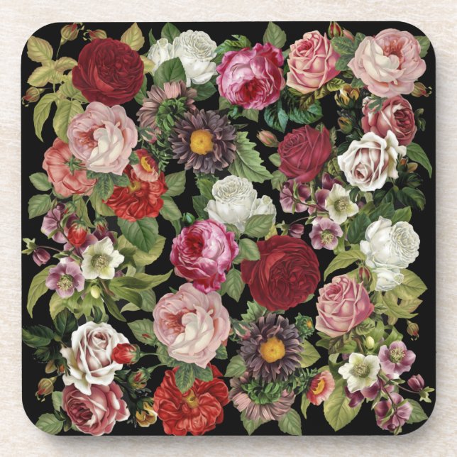 Dessous-de-verre Rustic Red Pink Floral Greenery Black (Devant)