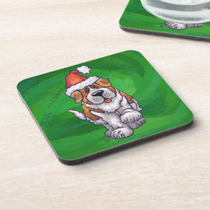 Dessous-de-verre Saint Bernard mignonne à Santa Chapeau sur Vert