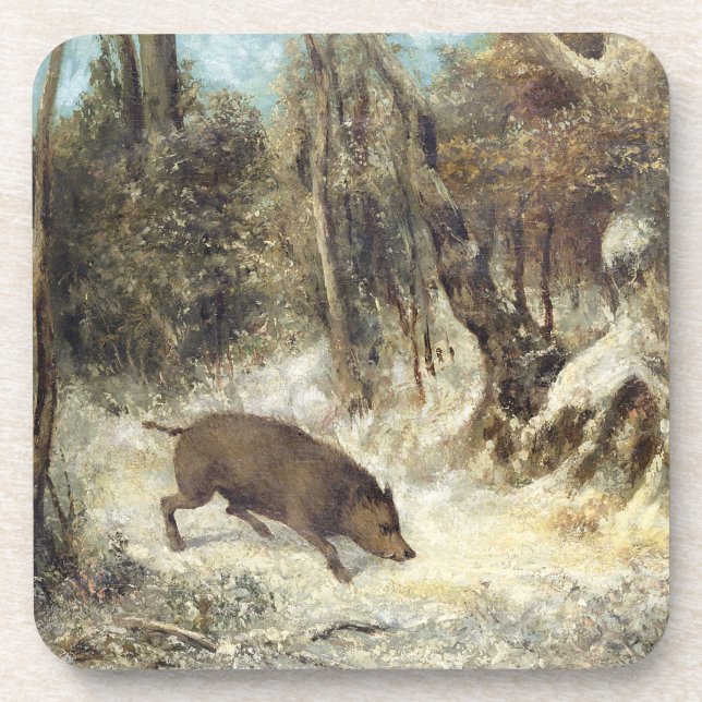 Dessous-de-verre Sanglier dans la neige, signée comme Courbet (Devant)