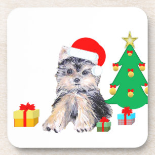 Dessous-de-verre sapin de Noël, chiot Yorkshire & cadeaux