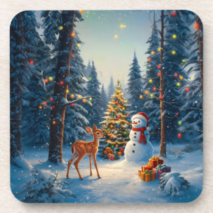 Dessous-de-verre Scene d'arbre de Noël Cute Deer Fawn Snowman
