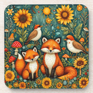 Dessous-de-verre Scène forestière avec renards, oiseaux, tournesols