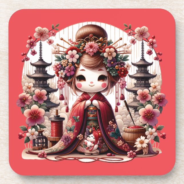 Dessous-de-verre Scène japonaise de Geisha mignonne (Devant)