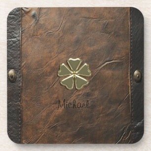 Dessous-de-verre Shamrock d'or St.Patrick`s Day, Cuir Brown