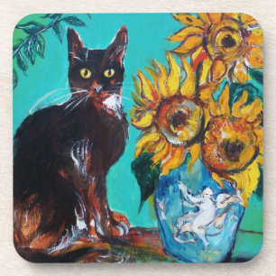 DESSOUS-DE-VERRE SOUCHES AVEC CHAT NOIR EN TURQUOISE BLEUE